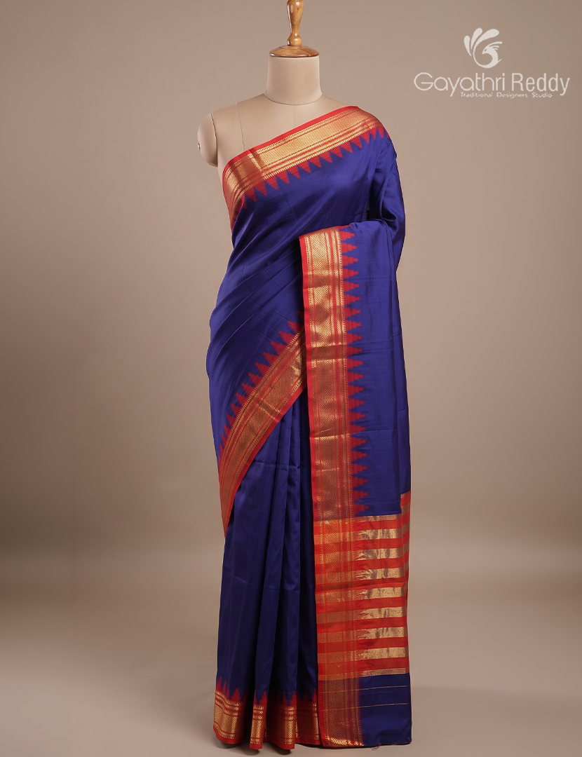 Semi Gadwal Saree in Deep Navy Blue and Red