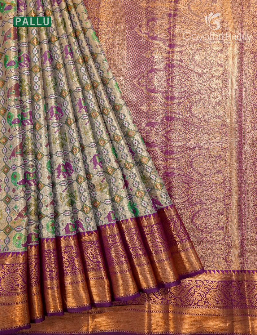 Semi Kanchipuram Silk Saree in Antique Ivory and Plum