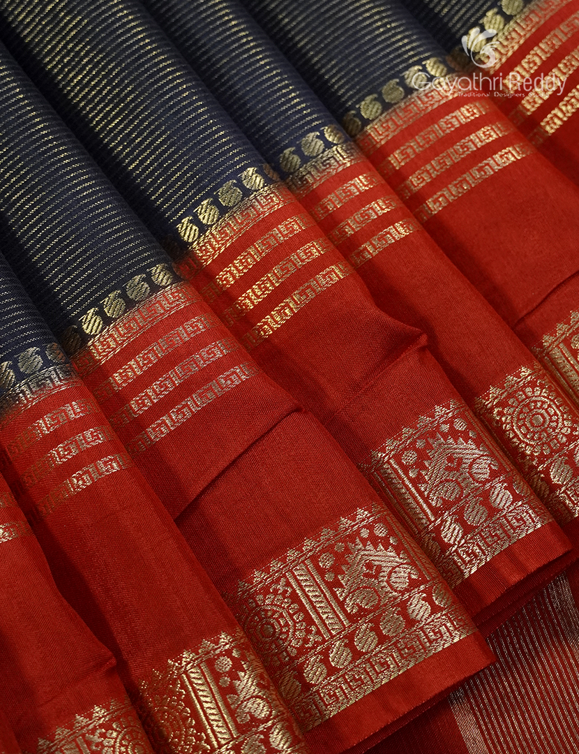 Semi Mysore Crepe Saree in Navy Blue and Red