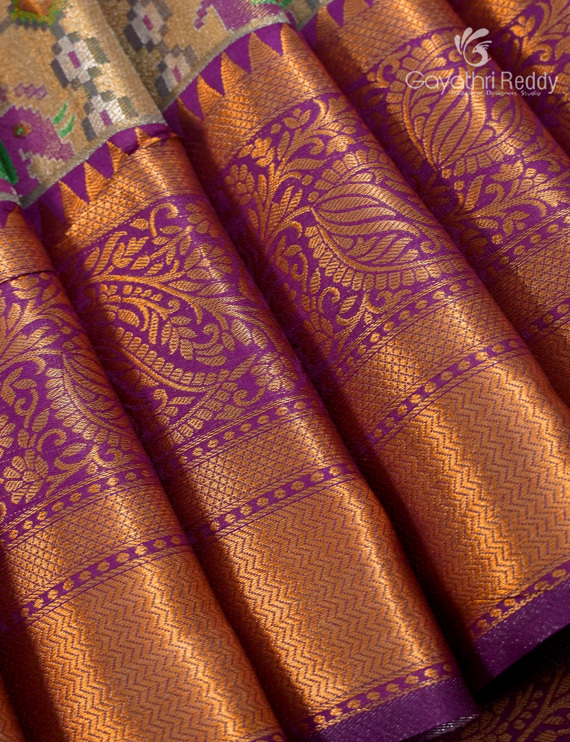 Semi Kanchipuram Silk Saree in Antique Ivory and Plum