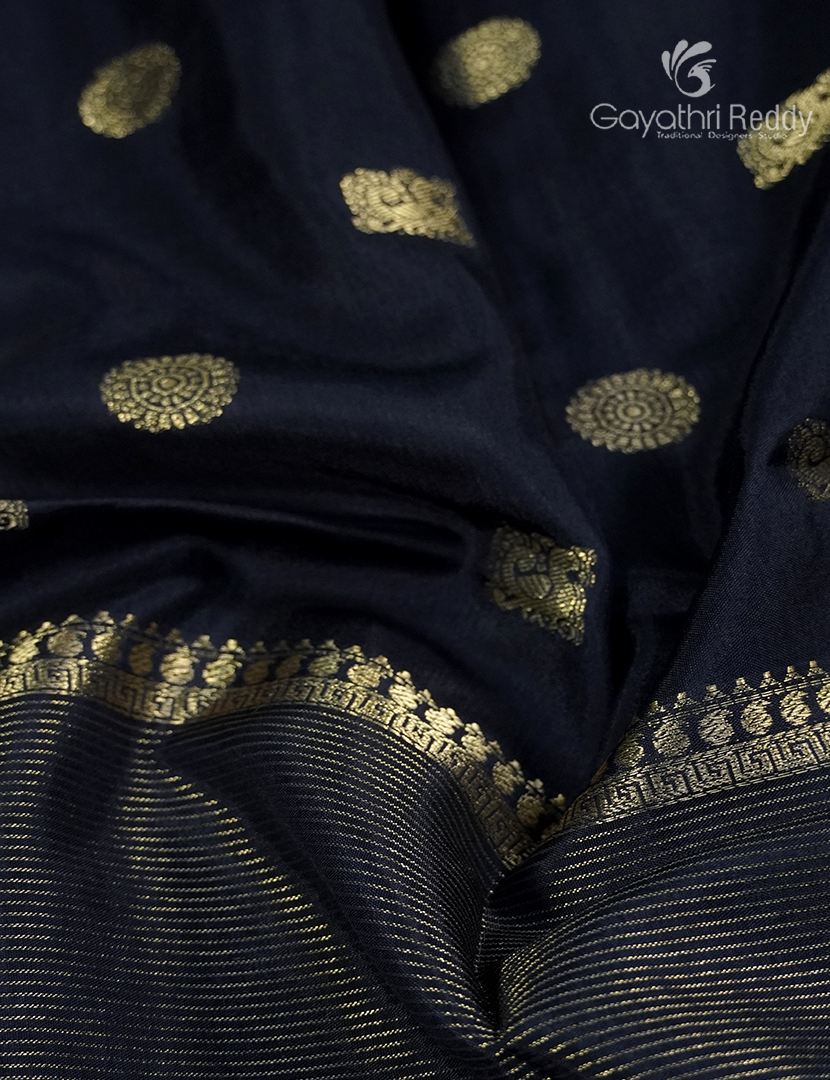 Semi Mysore Crepe Saree in Navy Blue and Red