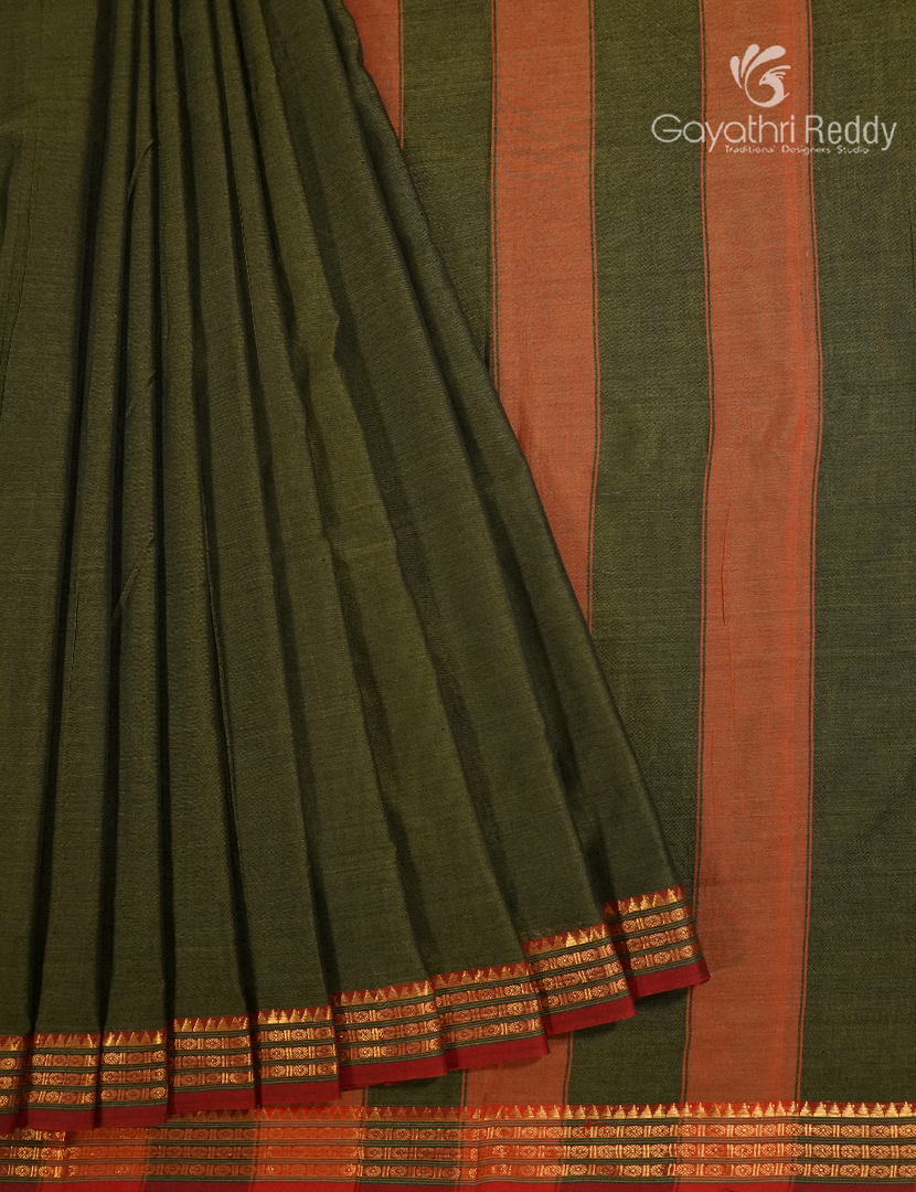 Pure Narayanpet Cotton Saree in Deep Olive Green