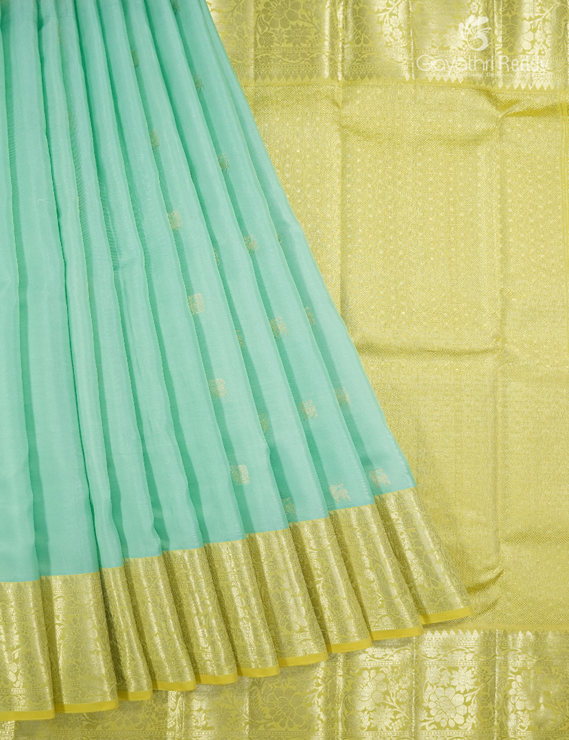 Pure Kanchipuram Vintage Silk Saree ( Medium Border ) in Pastel Sea Green and Lime Yellow