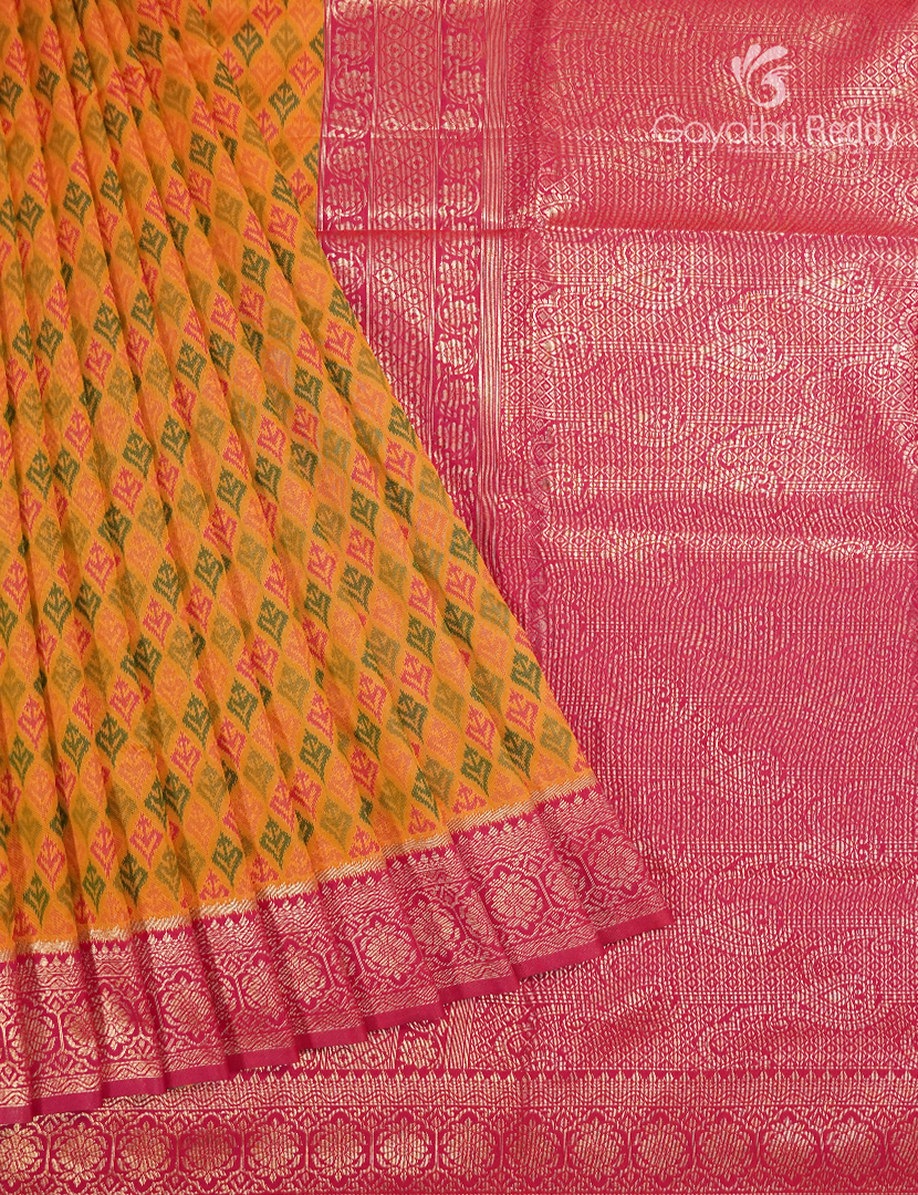 Semi Kanchipuram Silk Saree in Mustard and Rani Pink