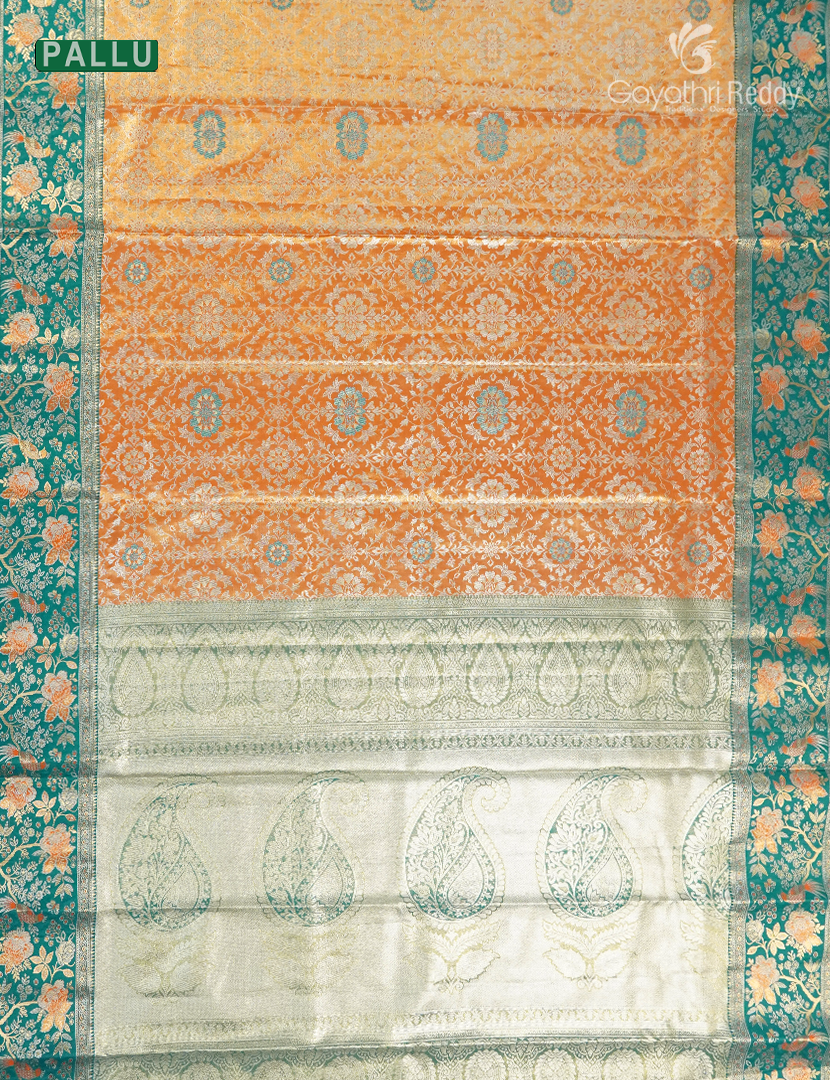Semi Kanchipuram Silk Saree in Orange  and Rama Green