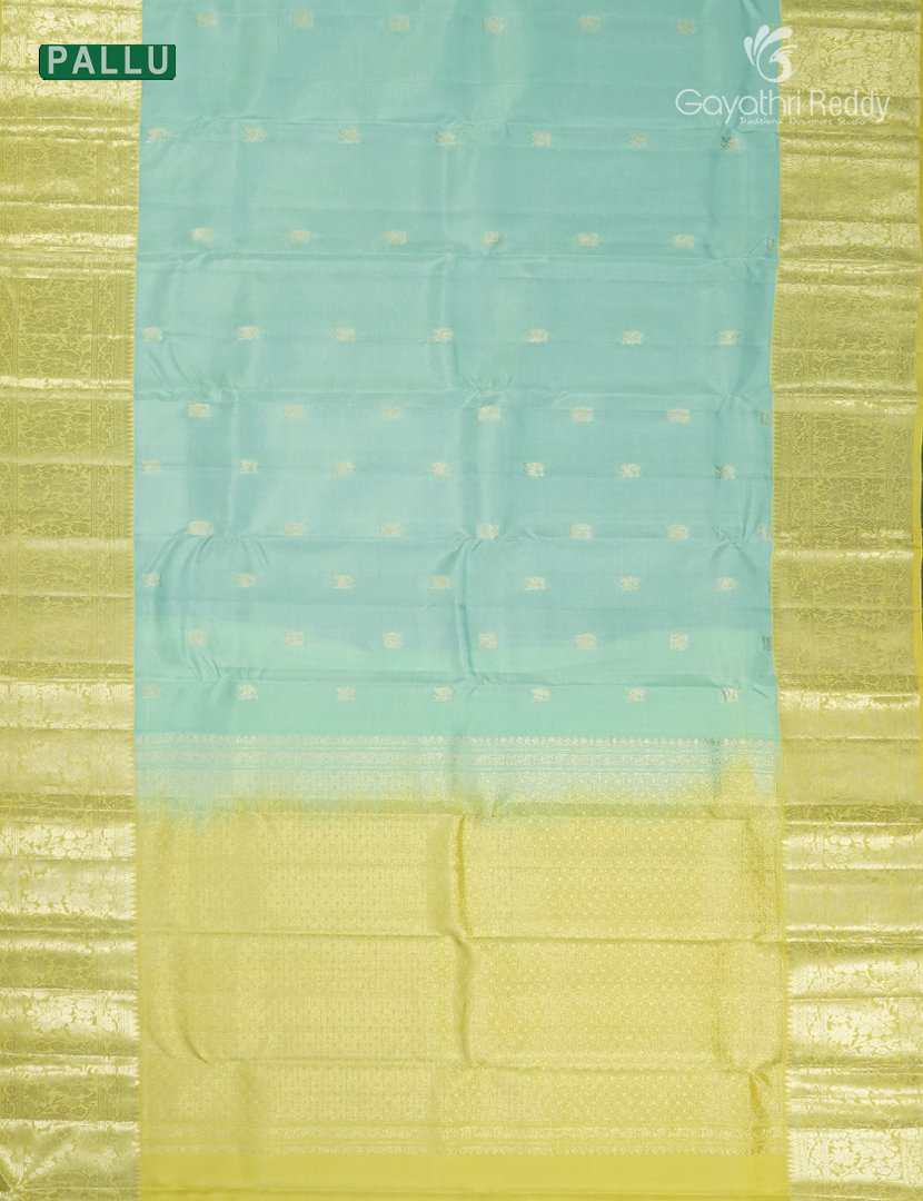 Pure Kanchipuram Vintage Silk Saree ( Medium Border ) in Pastel Sea Green and Lime Yellow