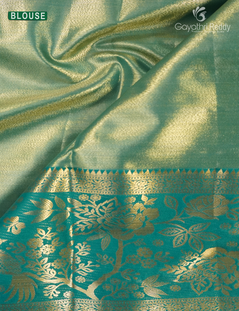 Semi Kanchipuram Silk Saree in Orange  and Rama Green