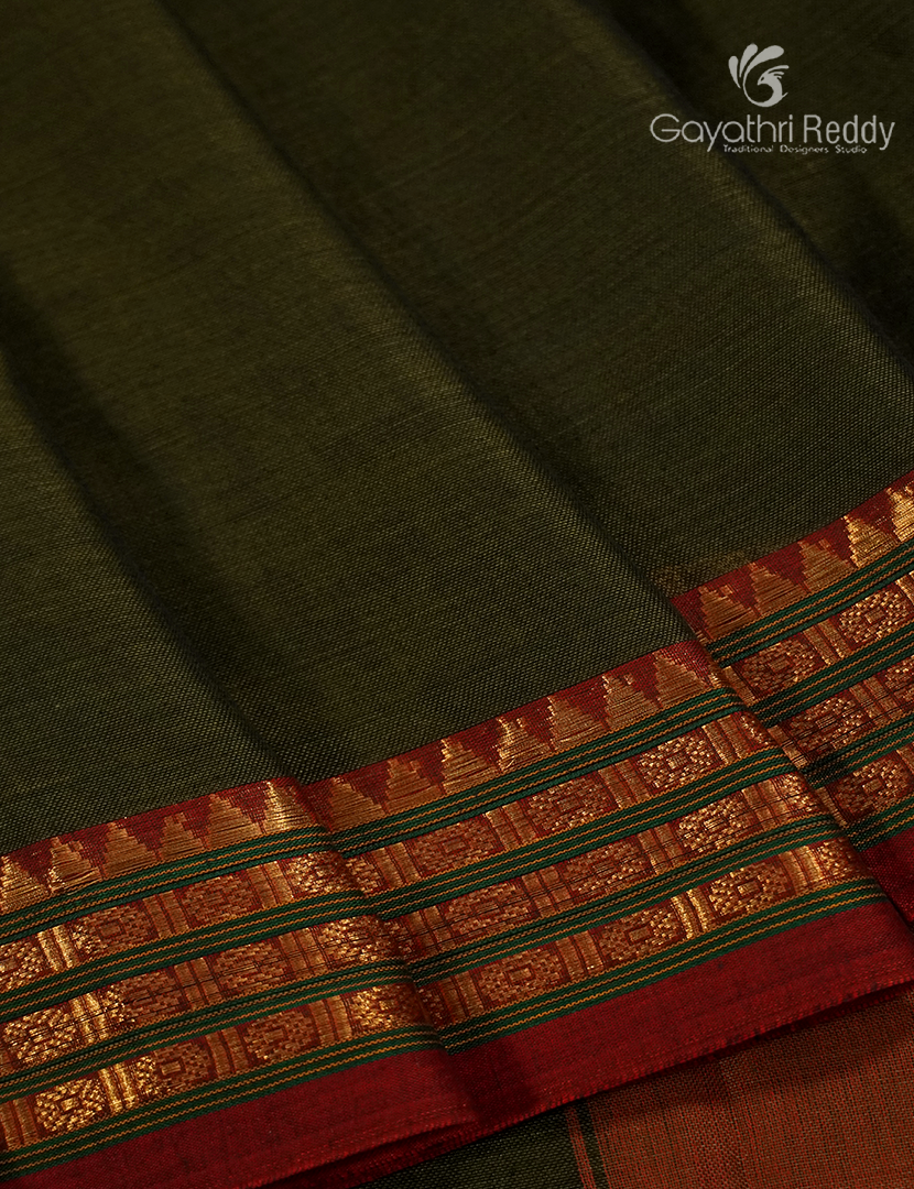Pure Narayanpet Cotton Saree in Deep Olive Green