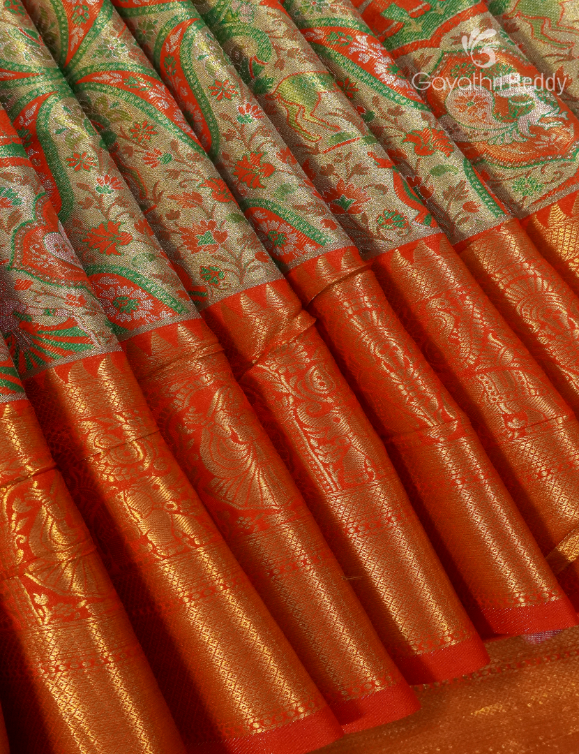 Semi Kanchipuram Silk Saree in Antique Gold and Red