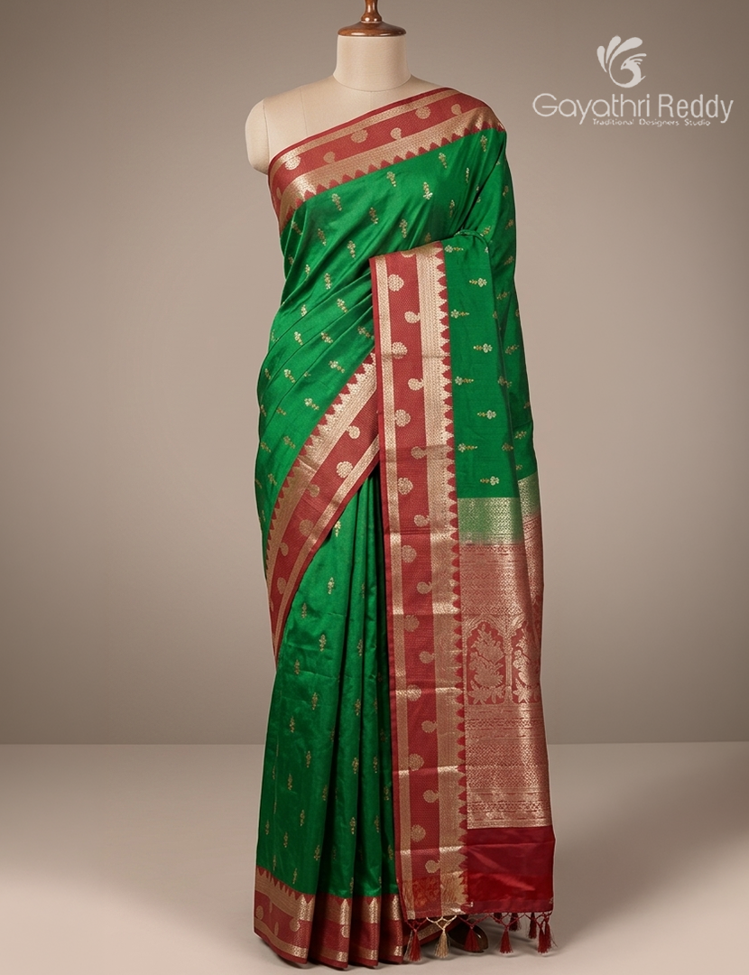 Semi Kanchipuram Art Silk Saree in Parrot Green and Rust Red