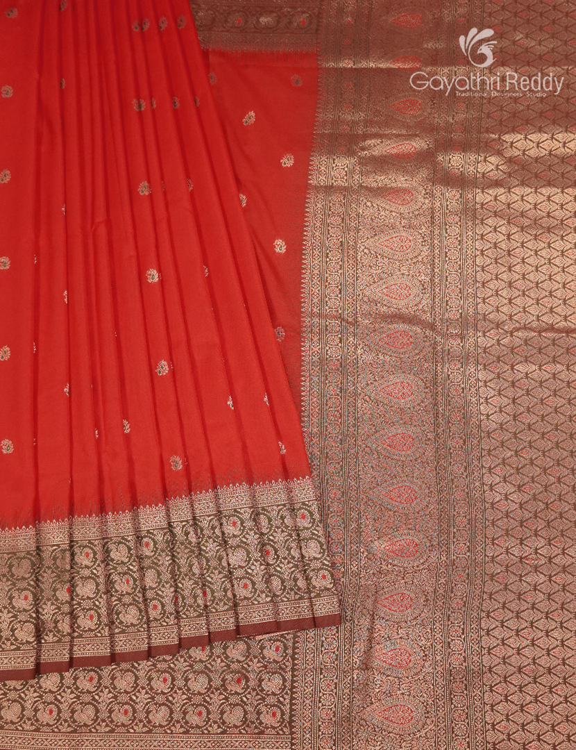Semi Kanchipuram Art Silk Saree in Orange and Khakhi Green