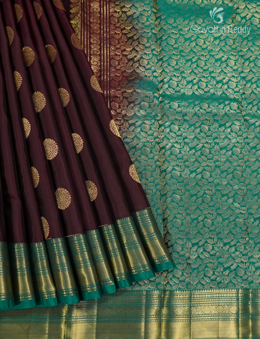Pure Kanchipuram Silk Saree in Deep Brown and Deep Peacock Green