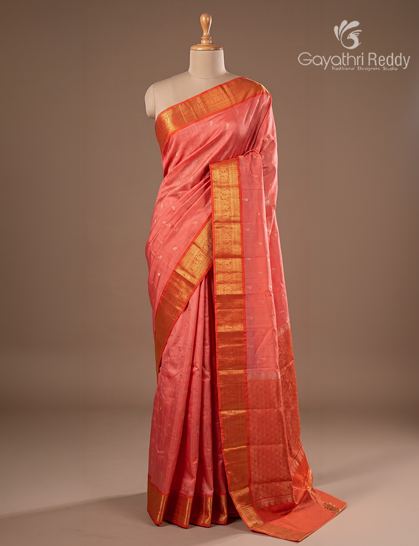 Pure Kanchipuram Silk Saree in Peach and Flamingo Pink