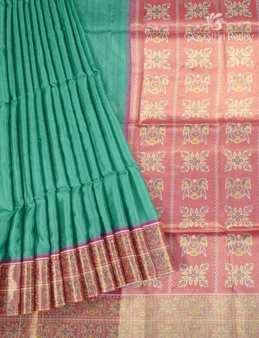 Semi Tussar Saree in Sea Green and Red