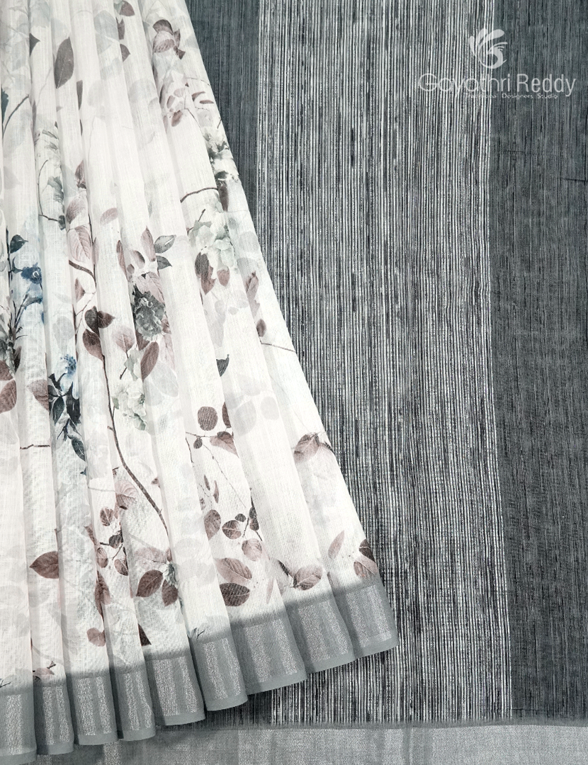 Linen Silk Saree in White and Black