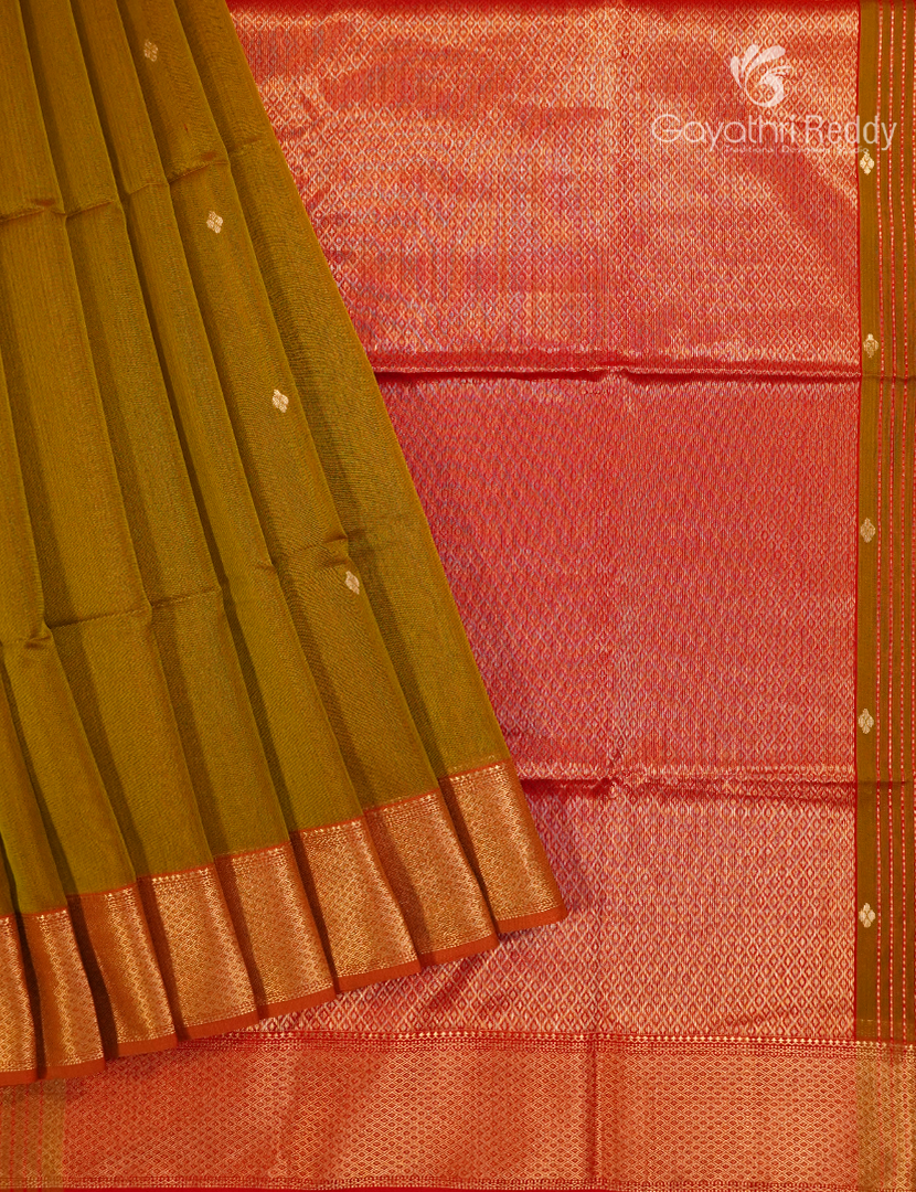 Pure Chanderi Sico Saree in Deep Dry Mehendi and Red