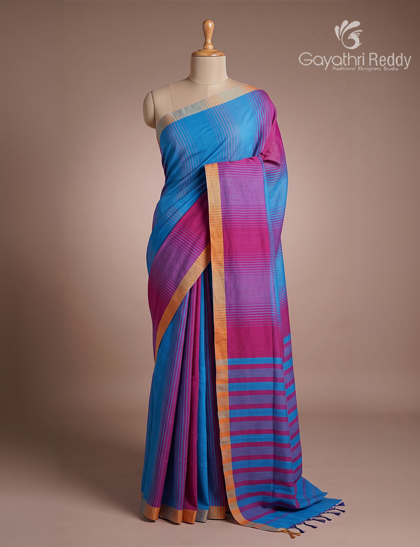 Pure Handloom Cotton Saree in Blue and Magenta
