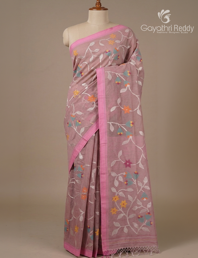 Pure Jamdani Kora Saree in Baby Pink