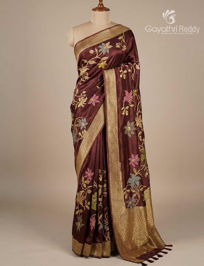 Pure Satin Silk Saree in Deep Brown
