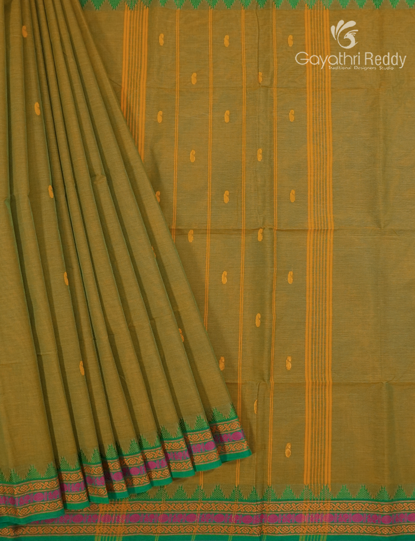 Pure Handloom Cotton Saree in Dual tone of Mehendi Green
