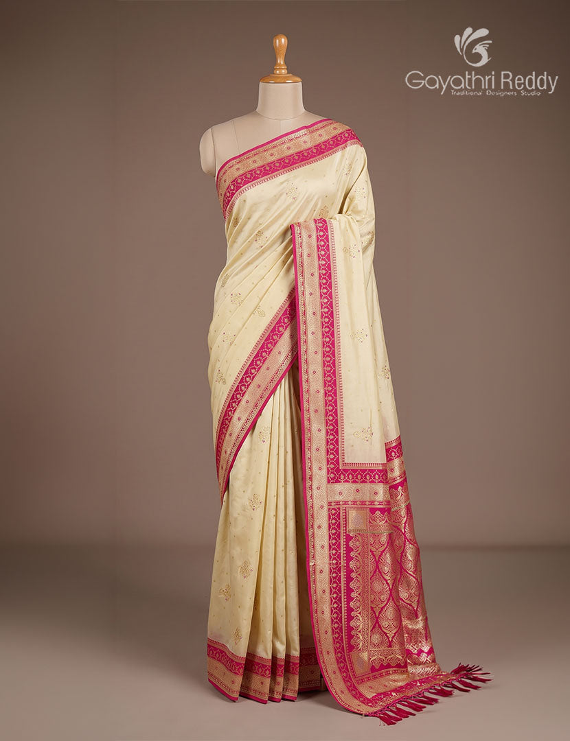 Semi Kanchipuram Silk Fancy  Saree in Off-White and Pink