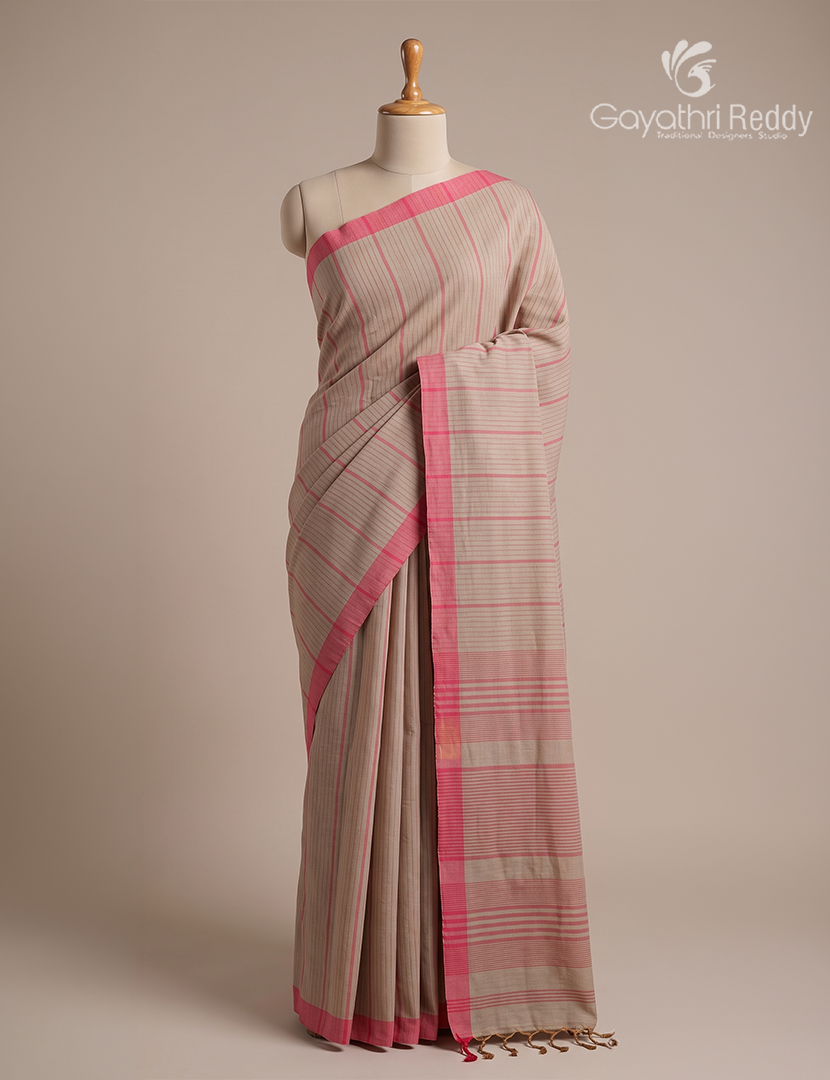 Pure Handloom Cotton Saree in Olive Beige