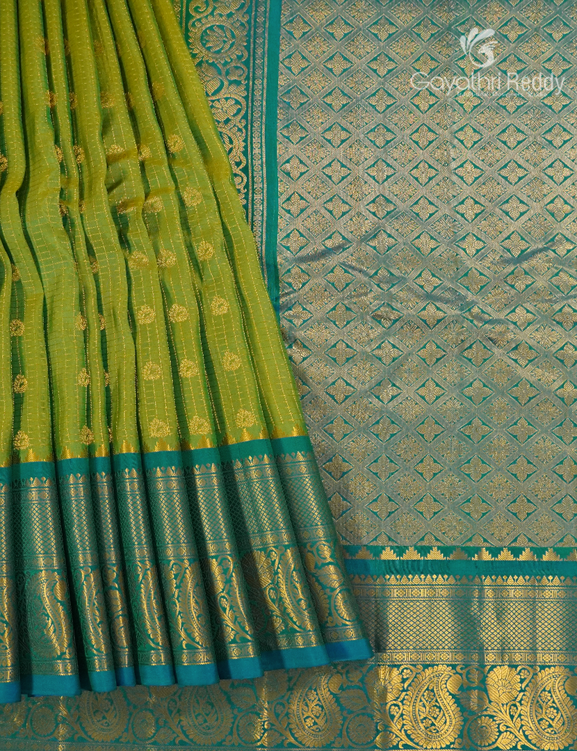 Pure Gadwal Silk Saree in Parrot Green and Peacock Blue