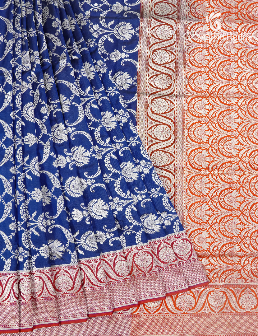 Pure Banaras Katan Silk Saree in Navy Blue and Orange