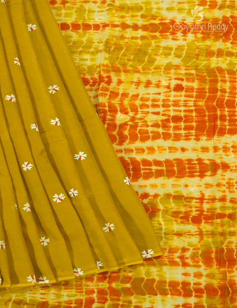 Pure MulMul Cotton Saree in Dry Mehendi  and Orange