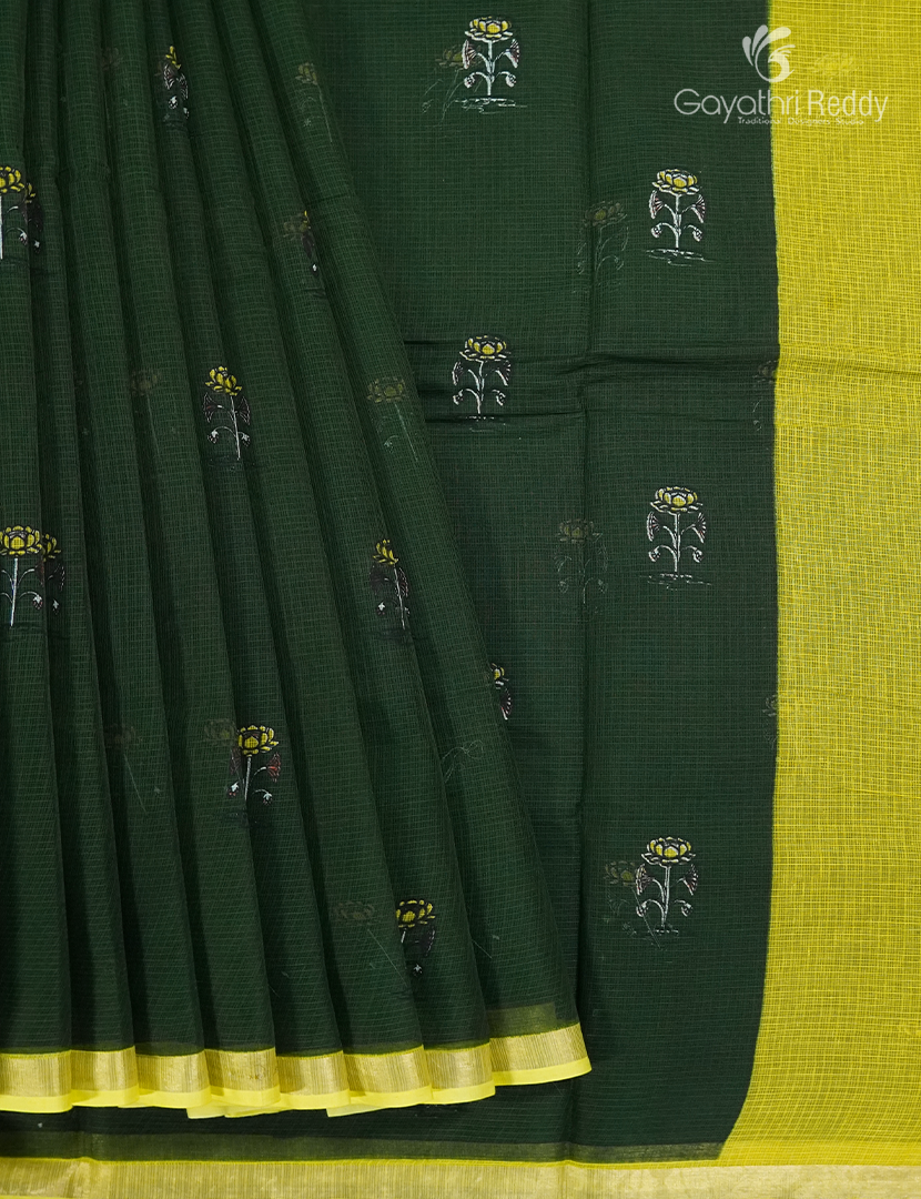 Premium Quality Cotton Kota Saree in Deep Moss Green and Lime Green