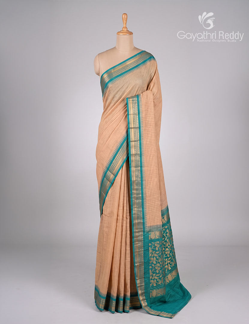Pure Gadwal Cotton Saree in Beige and Rama Green