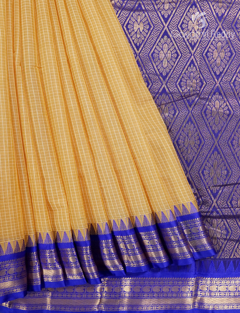 Pure Gadwal Cotton Saree in Sandalwood Yellow and Royal Blue