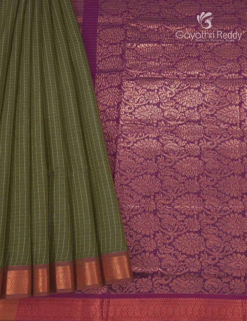 Kanchipuram Sico Saree in Olive Green and Jamun