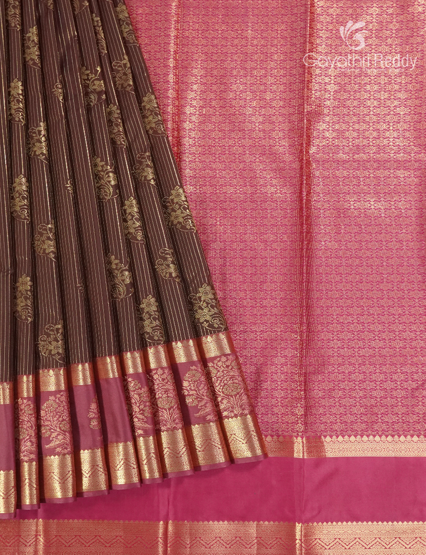 Semi Kanchipuram Silk Saree in Deep Brown and Rani Pink