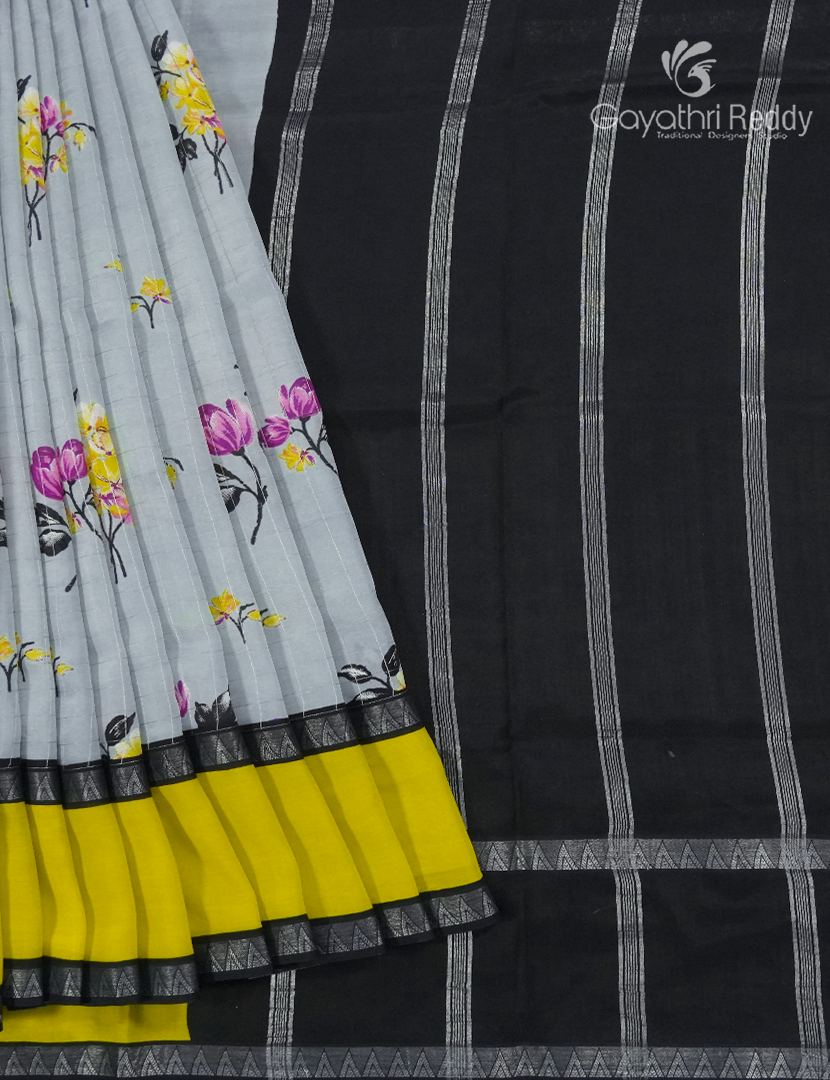 Mangalgiri Printed Saree in Pastel Grey , Yellow and Black