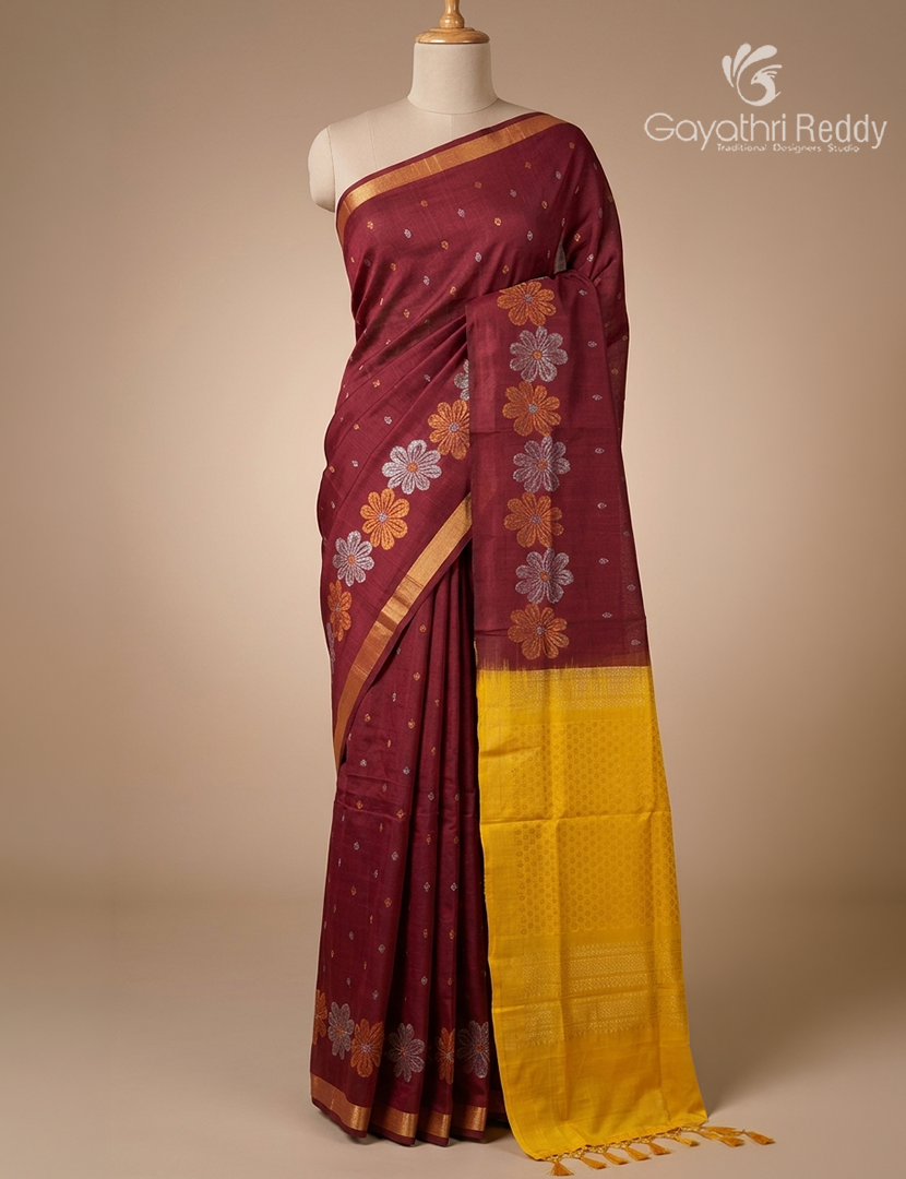 Pure Uppada Silk Saree in Maroon and Yellow