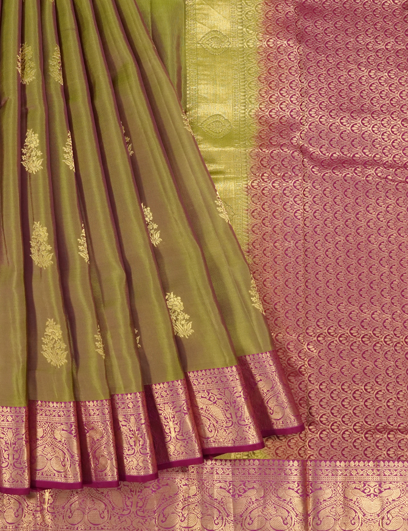 Pure Kanchipuram Silk Vintage Mehendi Green and Deep Pink