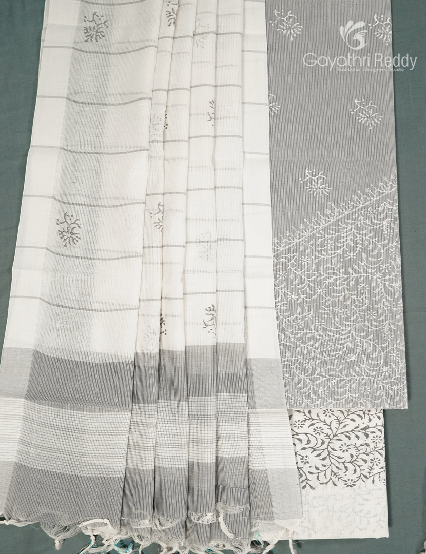Cotton Dress Material in Grey and Cream