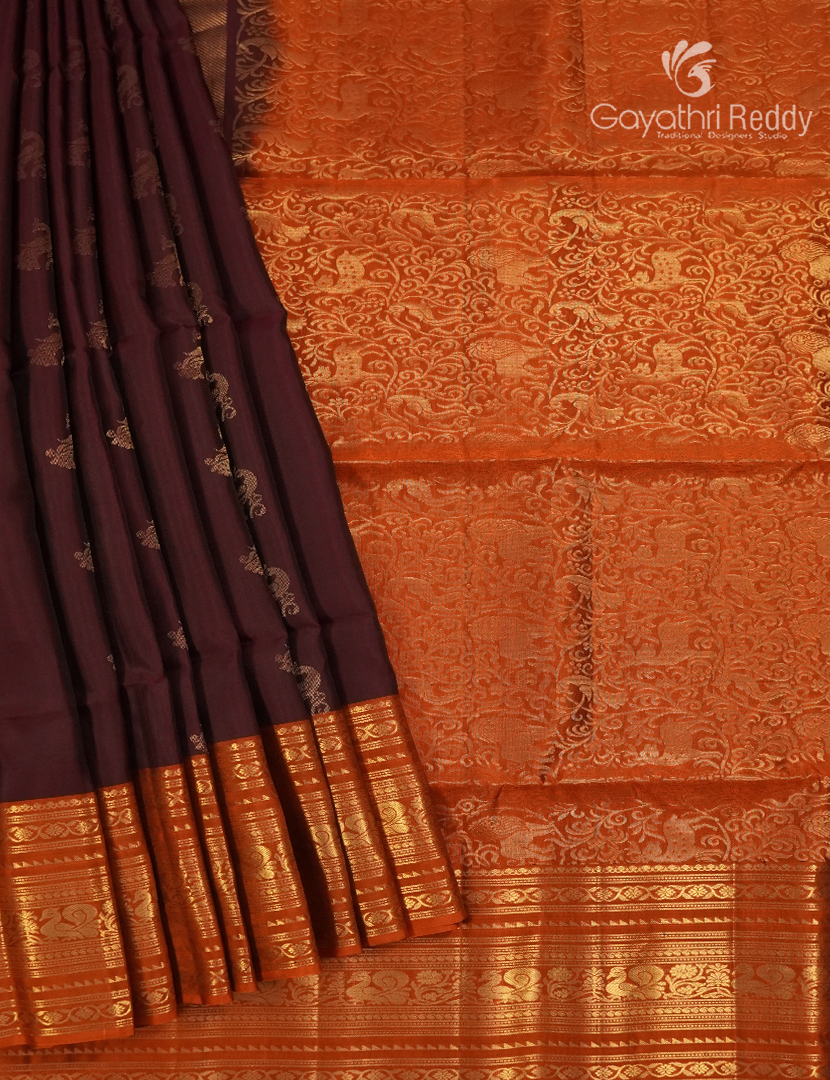 Pure Kanchipuram Soft Silk Saree in Brown and Rust Orange