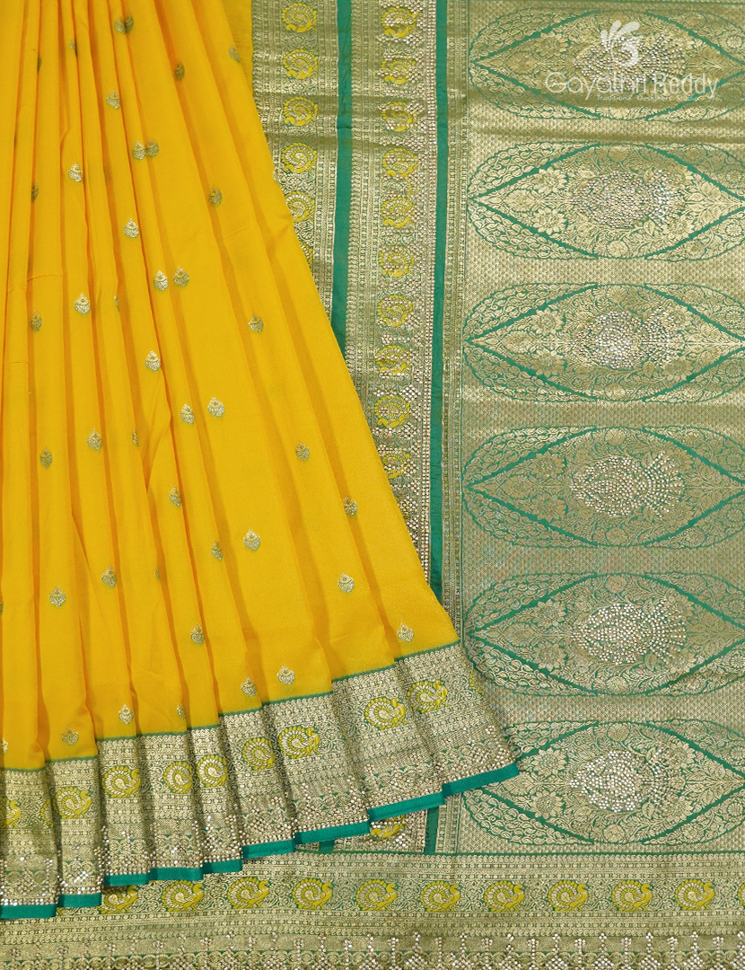 Semi Kanchipuram Silk Fancy  Saree in Yellow and Leaf Green