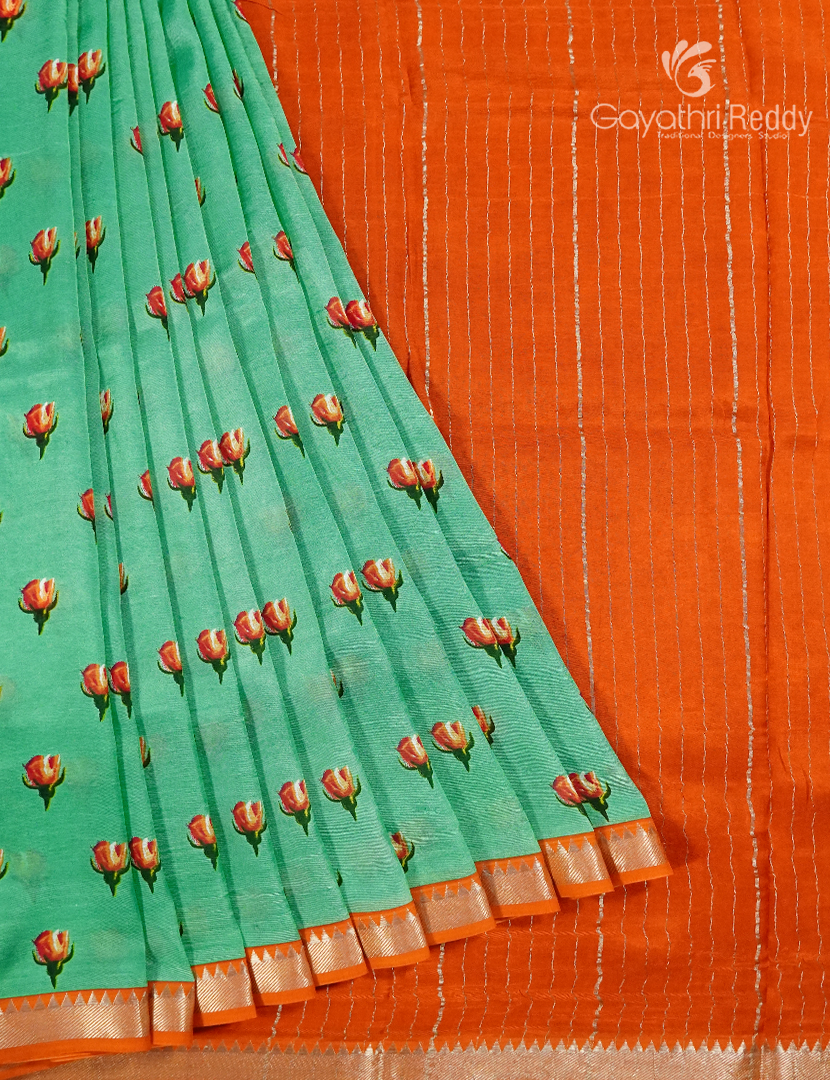 Mangalagiri Pattu Saree  in Sea Foam Green and Orange