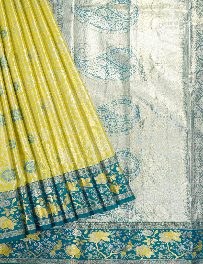 Semi Kanchipuram Silk Saree in Lime Yellow and Rama Green