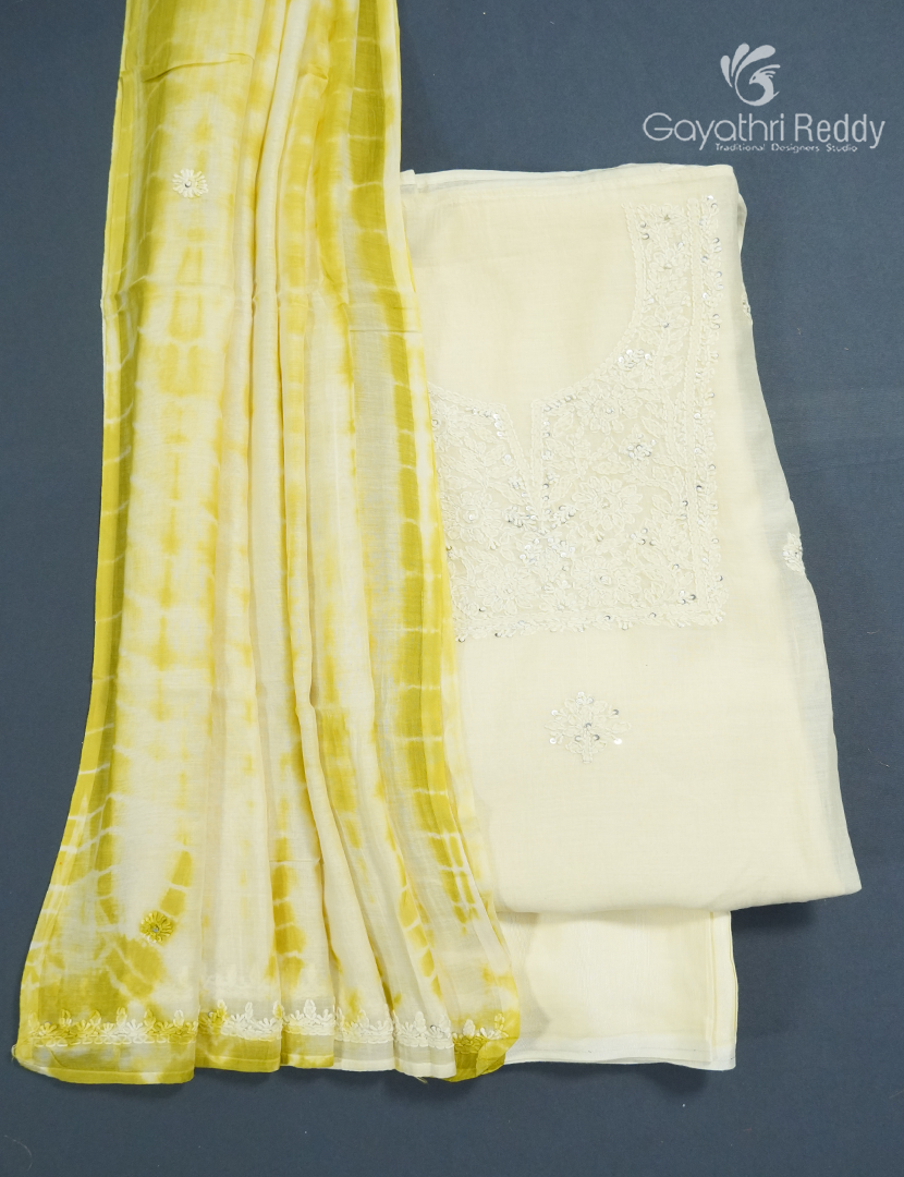 Dress Material 3 Piece Set In Milk White and Yellow