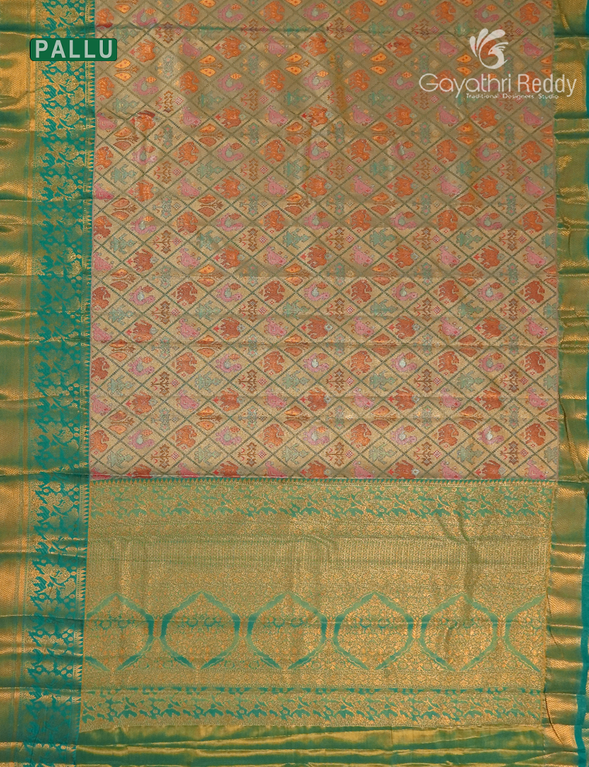 Semi Kanchipuram Silk Saree in Rose Gold and Rama Green