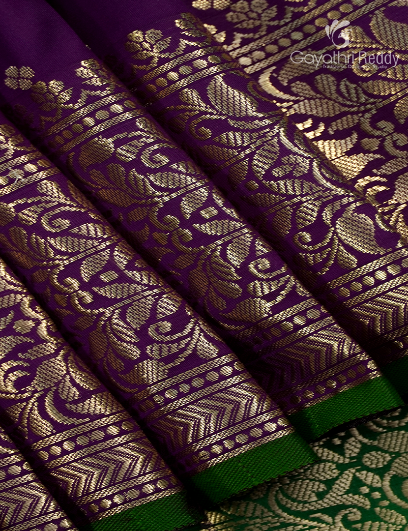 Semi Banaras Katan Silk Saree in Deep Violet and Parrot Green