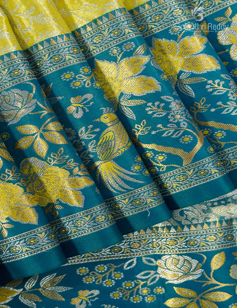 Semi Kanchipuram Silk Saree in Lime Yellow and Rama Green