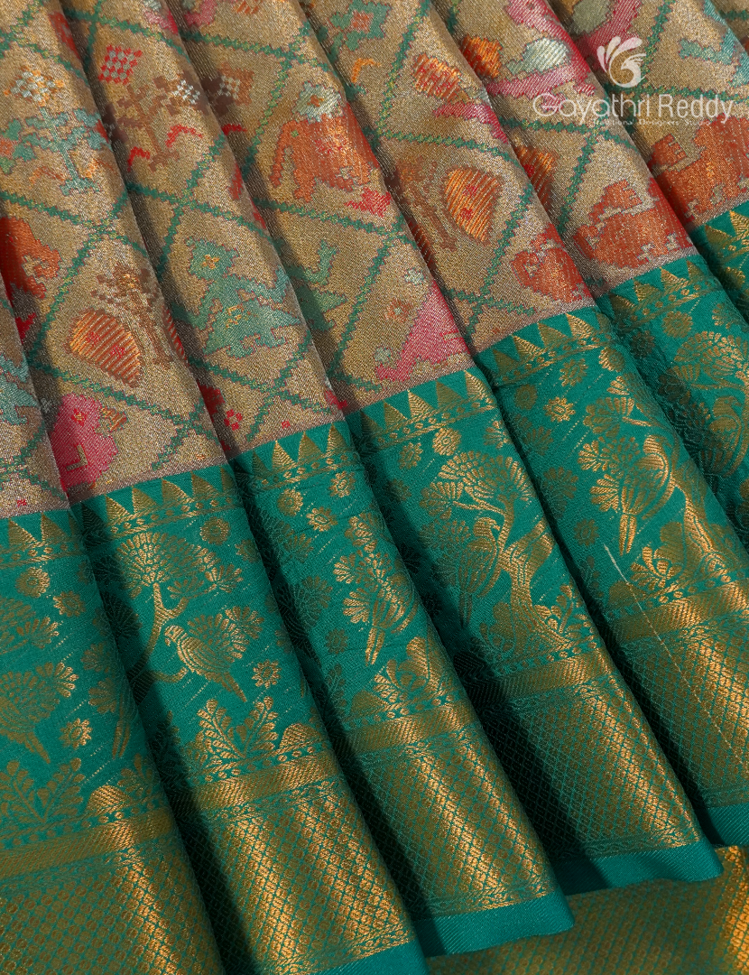 Semi Kanchipuram Silk Saree in Rose Gold and Rama Green