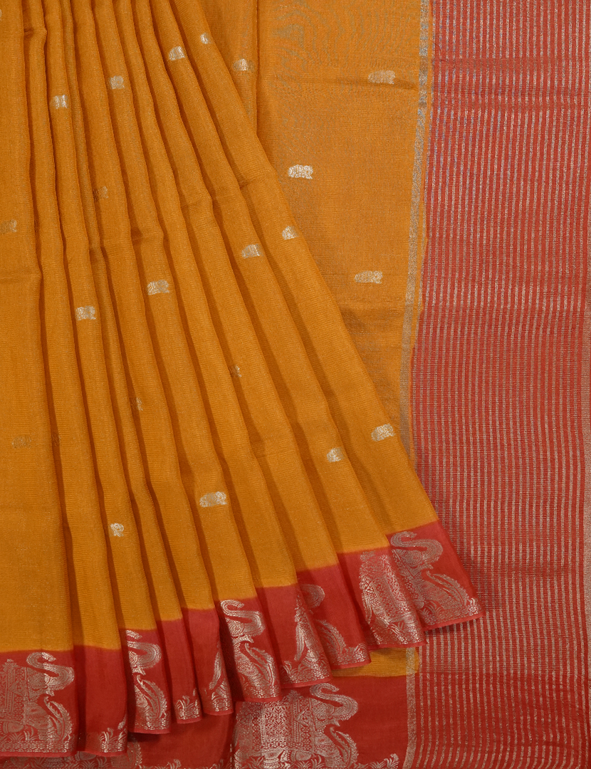 Semi Mysore Crepe Saree in Turmeric and Red