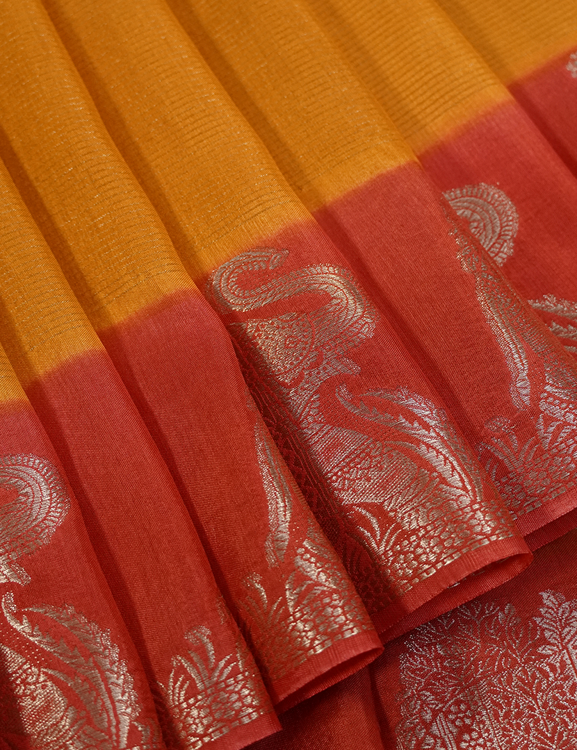 Semi Mysore Crepe Saree in Turmeric and Red
