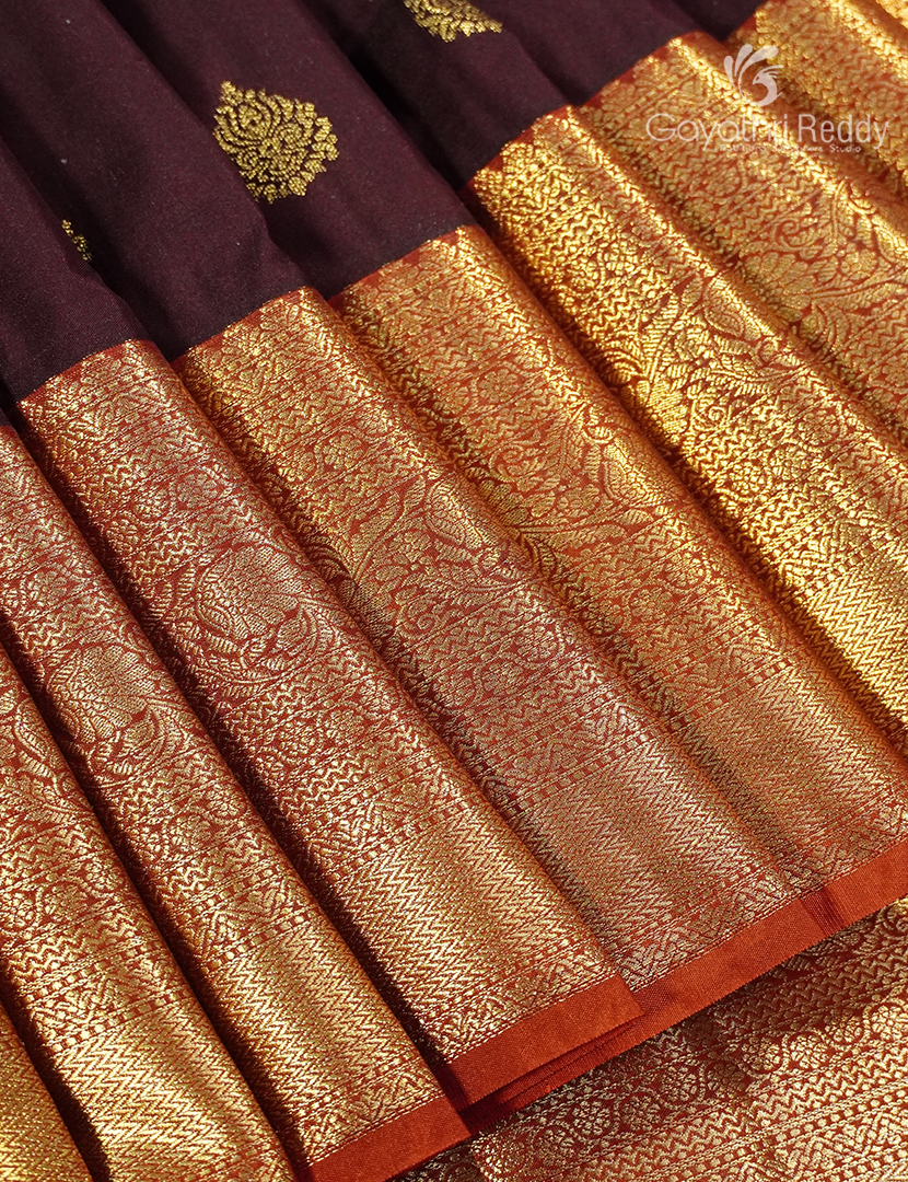 Semi Kanchipuram Silk Saree in Deep Brown and Rust Red